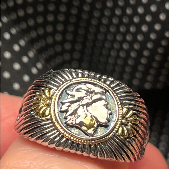 New Two Toned 925 Stamped Silver -Gold Color Native American Head Design Ring - Picture 4 of 16